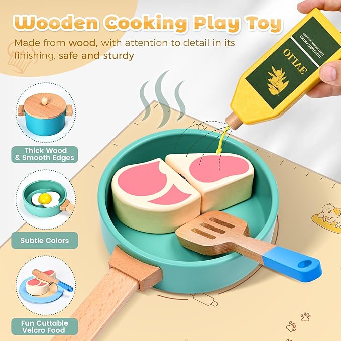 35 PCS Wooden Play Kitchen Accessories, Pretend Play Kitchen Toys for Kids Toddlers, Wooden Play Cooking Set Play Food Cookware Pots Pan Dishes, Gifts for Girls Boy 3 4 5 6 Years Old