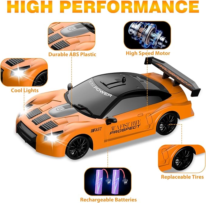 Remote Control Car, Drift RC Car 1/24 2.4GHz 4WD High Speed Orange RC Vehicle Cars Toys with LED Light and Drift Tires USB Charging for Boys and Girls Teens and Adults