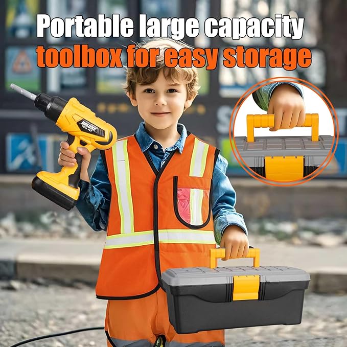 Zealous 48pcs Kids Tool Set with Tool Box & Electronic Toy Drill, Pretend Play Kids Construction Kits for Kids Ages 3-5 Years Old, Toddler Boy Toys (Yellow)