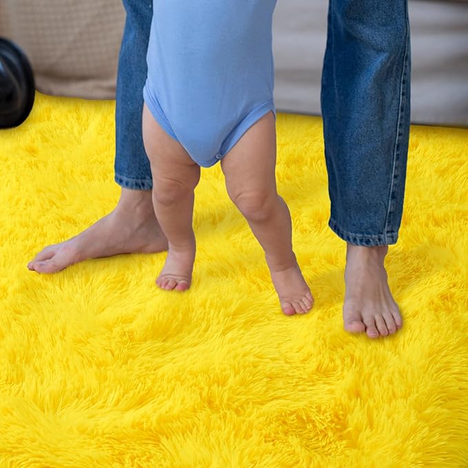 Super Fluffy Area Rug for Bedroom, Modern Shag Yellow Area Rugs, Soft Plush Small Carpet for Kids,Girls Boys and Teens Decorations for Living Room Dorm Nursery Classroom, 9x12 Feet
