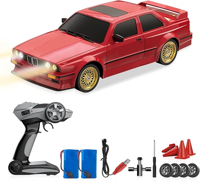 RC Drift Car 2.4GHz 1:16 Scale 4WD 30KM/H High Speed Remote Control Cars Vehicle with LED Lights 2Pcs Rechargeable Batteries Drifting Tires Racing Sport Toy Cars for Adults Boys Girls Kids Gift