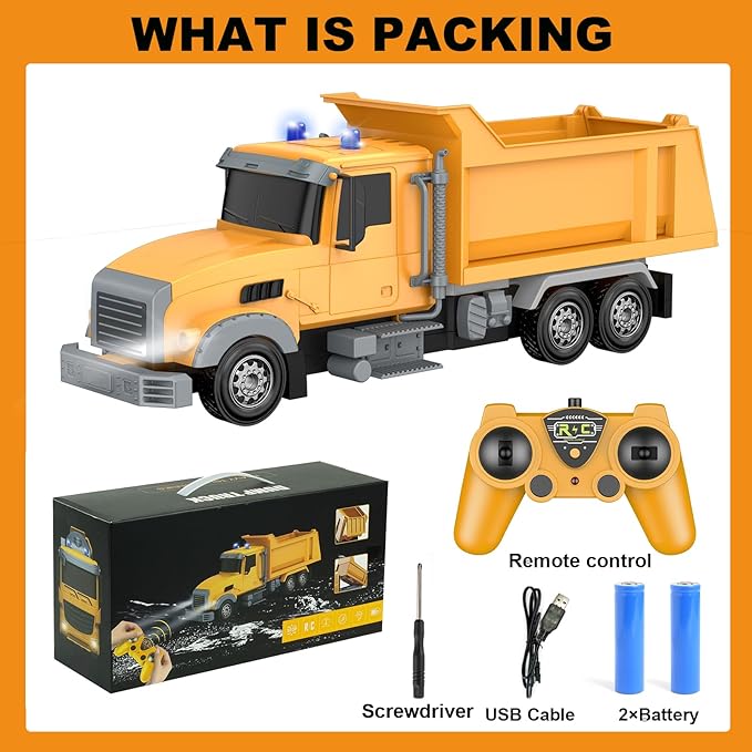 Remote Control Construction Vehicle Toy, 6 Channel RC Dump Truck with 2 Rechargeable Batteries, 1/24 Scale, Birthday Gift Idea for Boys 3-8 Years