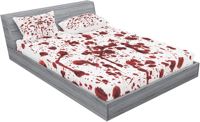 Ambesonne Horror Fitted Sheet & Pillow Sham Set Splashes of Blood Scary Zombie Halloween Movie Lover Print Decorative Printed 3 Piece Bedding Set Bed Cover for Guest Bedroom Queen, Scarlet White