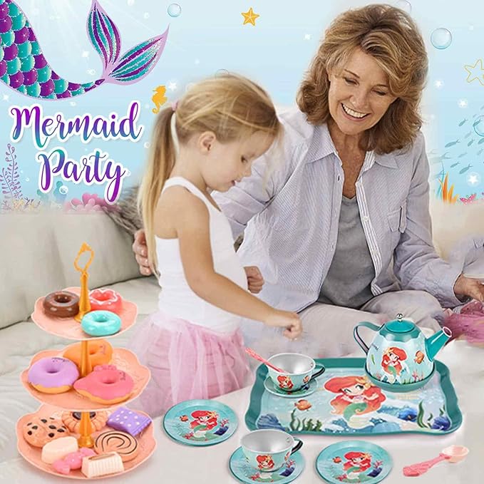 Mermaid Tea Party Set for Little Girls,Birthday Gifts for Age 3 4 5 6 Year Old Girls,Pretend Tin Teapot, Cups, Plates,and Food Sweet Treats Playset for Princess Tea Time Play Kitchen Toys