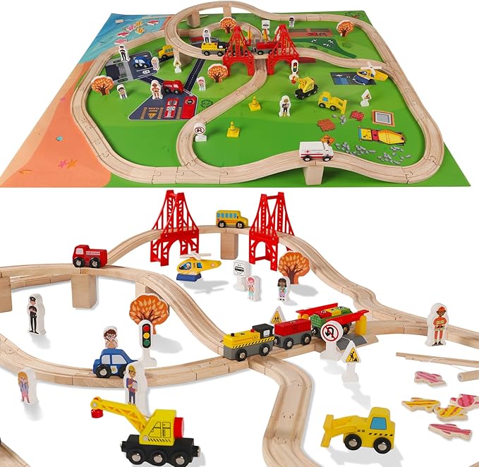 100 Pcs Wooden Train Track Set, Toys Train Railway Vehicles for 3-10 Years Old Kids Boys & Girls Christmas Toys, Fits with Thomas, Brio, IKEA, Melissa and Doug