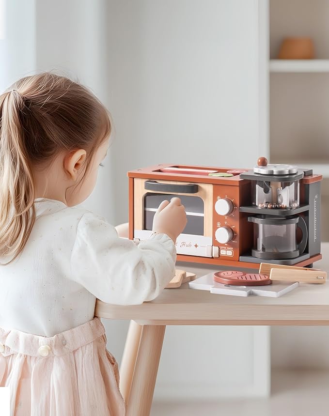 ROBOTIME Play Kitchen Toys Accessories - Wooden Breakfast Machine Kitchen Toy for Kids with Coffee Maker and Pretend Play Food Sets - Kitchen Playset Appliances Toy for Toddlers (Caramel)