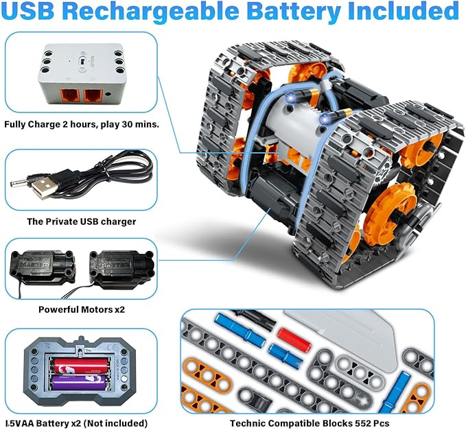 5 in 1 STEM Building Toys with LED Light, APP & Remote Controlled Cars Building, Robot/Tank/Bulldozer 552 Pcs, DIY Rechargeable Building Kit for Boys Girls, Science Learning Gifts for Age 6-12+ Year