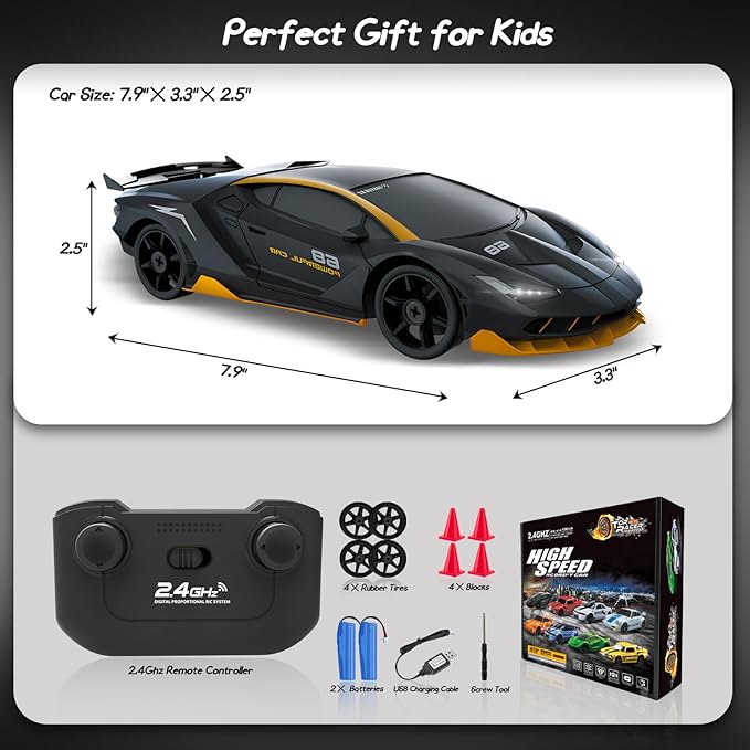 RC Drift Car, 1/24 4WD Remote Control Car with LED Light, Two Rechargeable Batteries and Drift Tires for Kids, Boys, Girls and Adults