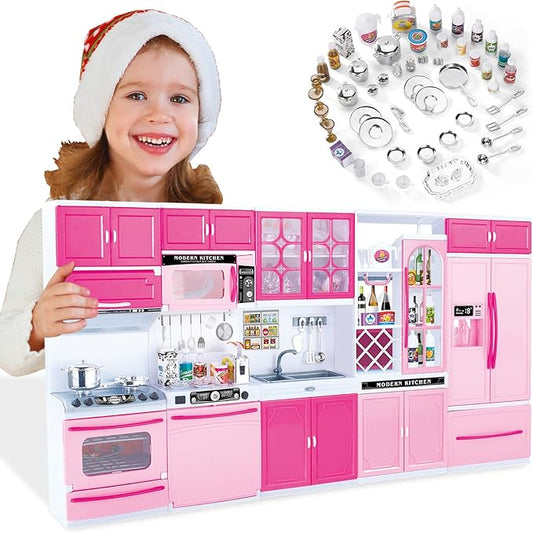 56PCS 5-in-1 Kids Kitchen & Dollhouse Playset – 51 Accessories & 5 Modular Setups, Realistic Lights & Sounds, Easy Assembly Pretend Cooking Toy for Girls Ages 3+