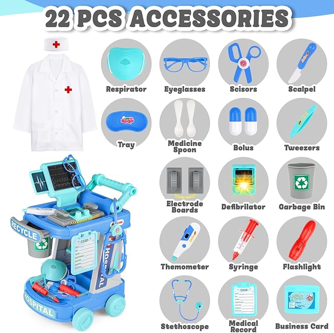 deAO Doctor Kit for Kids Ages 3+, Pretend Doctor Play Set with Doctor Cart, Costume and Stethoscope, Toddlers Doctor Role Playset Medical Kit for Girls Boys (Blue)