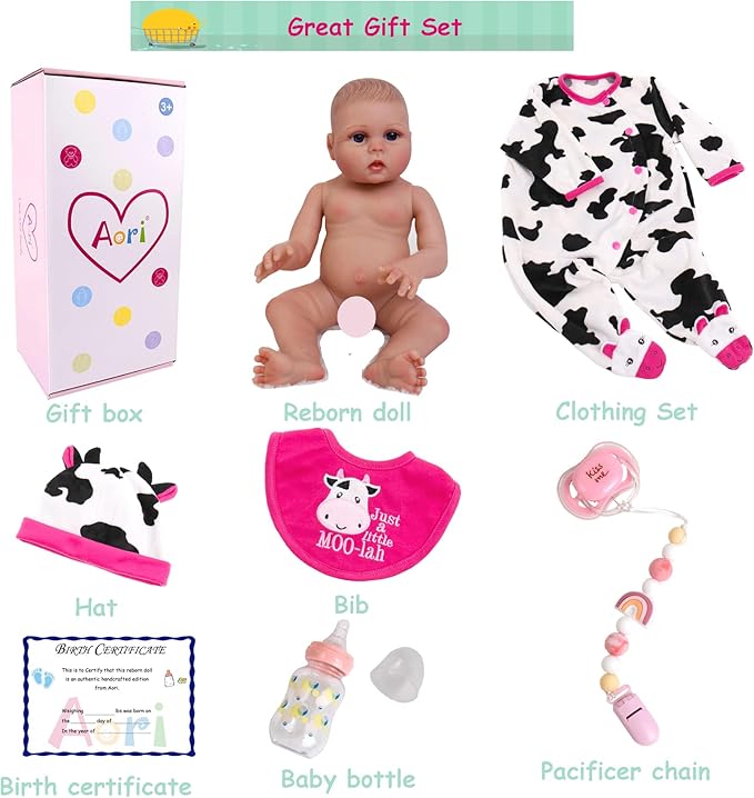 Aori Lifelike Reborn Baby Doll - 18 inch Full Body Soft Vinyl Real Life Baby Girl,Poseable Anatomically Correct Realistic Toddler Dolls with Feeding Kit Gift for Kids Age 3+