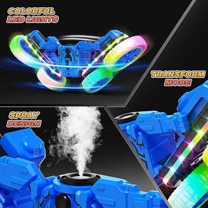 Remote Control Car,RC Cars with Sides Light and Headlights,360°Rotating 4WD Spray RC Stunt Car,2.4Ghz All Terrain Toy Car for Boys Age 4-7 Kids Toy for 8-12 Boys Girls Birthday Gift(Blue)