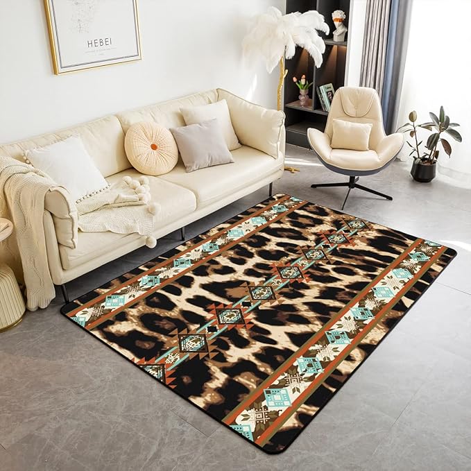 Erosebridal Western Rugs, Cheetah Print Area Rug 4x5, Leopard Skin Fur Hair Spot Ethnic Tribe Arrow Aztec Indian Tribal Geometry Carpet for Bedside, Retro Exotic Southwestern Washable Decorative Rug