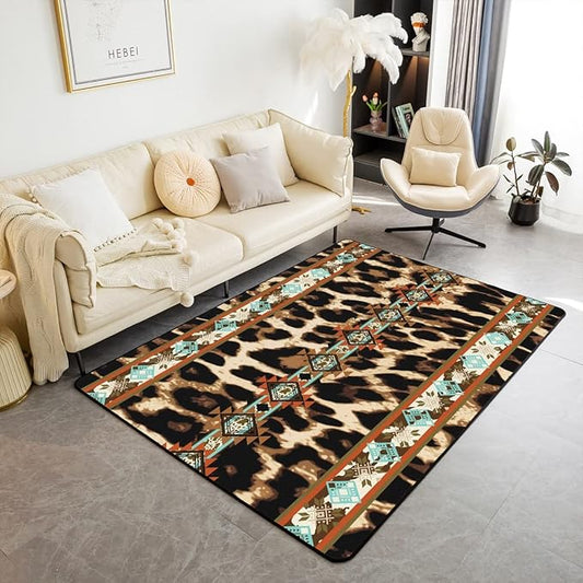 Erosebridal Western Rugs, Cheetah Print Area Rug 4x5, Leopard Skin Fur Hair Spot Ethnic Tribe Arrow Aztec Indian Tribal Geometry Carpet for Bedside, Retro Exotic Southwestern Washable Decorative Rug