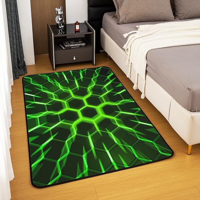Geometric Area Rug 5'x6'6'', Honeycomb Rug for Teens, Modern Abstract Beehive Carpet for Playroom Dorm, Green Ombre Geometry Black Neon Hexagon Non Shedding Decorative Rug