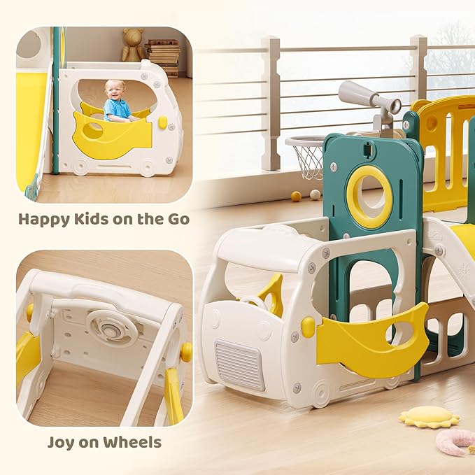 Toddler Slide Kids Slide Playset for Babies Bus Themed Toddler Playground with Climber Baskteball Hoop Indoor Playground Outdoor