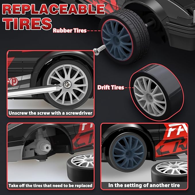 Remote Control Car 1/24 2.4GHz 4WD RC Drift Car, Rechargeable High Speed RC Cars with Cool Lights, Two Batteries and Extra Tires Toys for Kids