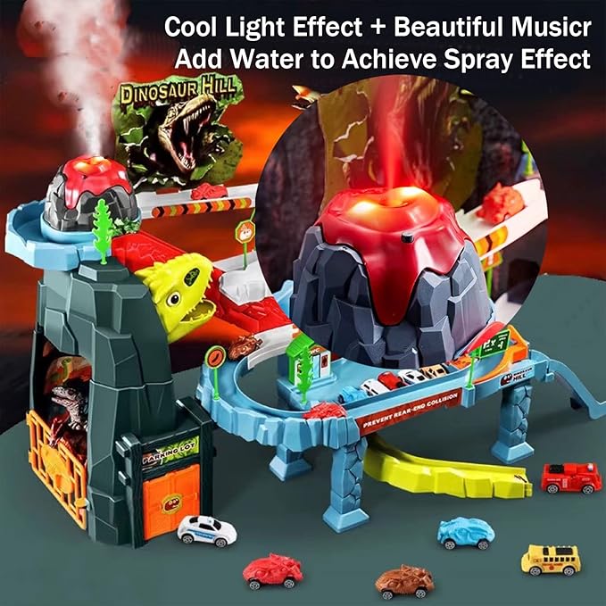 Children's Toy Car Ramp Track Dinosaur Spray Hills Adventure Railcar Slot Car Vehicle Race Play Set with 20 Mini Cars for Preschool Boys Puzzles Gifts Kids Ages 3 to 6 or Older (Spray Dinosaur)