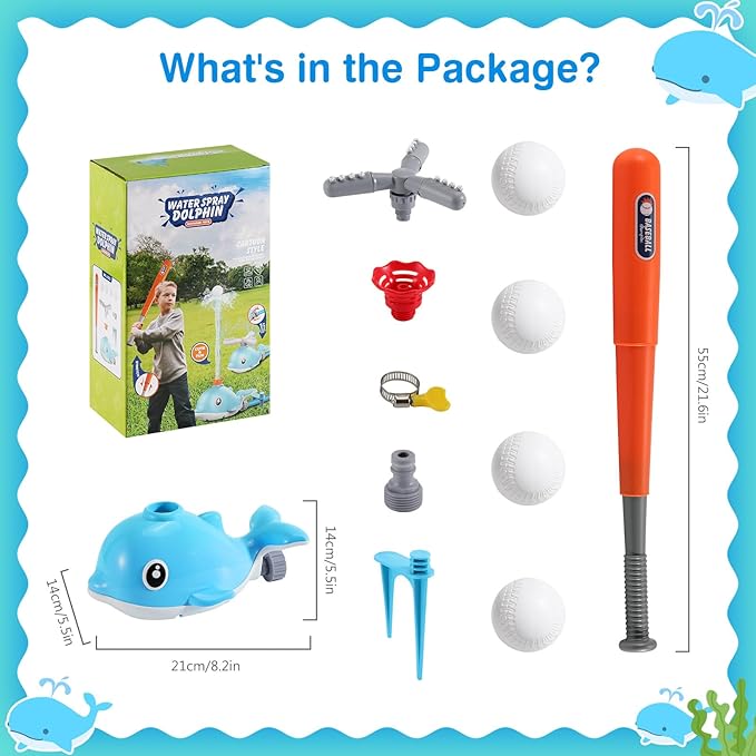 MoKo Water Sprinkler Baseball Toy for Kids Outdoor Play, 2 in 1 Baseball Water Games, 360° Rotatable Yard Sprayer Sprinkler, Toddler Outdoor Toys for Backyard Garden Lawn Pool, Sky Blue Whale