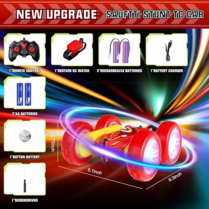 RC Stunt Cars, Gesture Sensor Remote Control Car, 4WD Remote Control Monster Trucks, 2.4Ghz RC Rock Crawler with Headlights Wheel Lights, Double Sided 360° Flips RC Car Toys for Kids Boys Girls (Red)