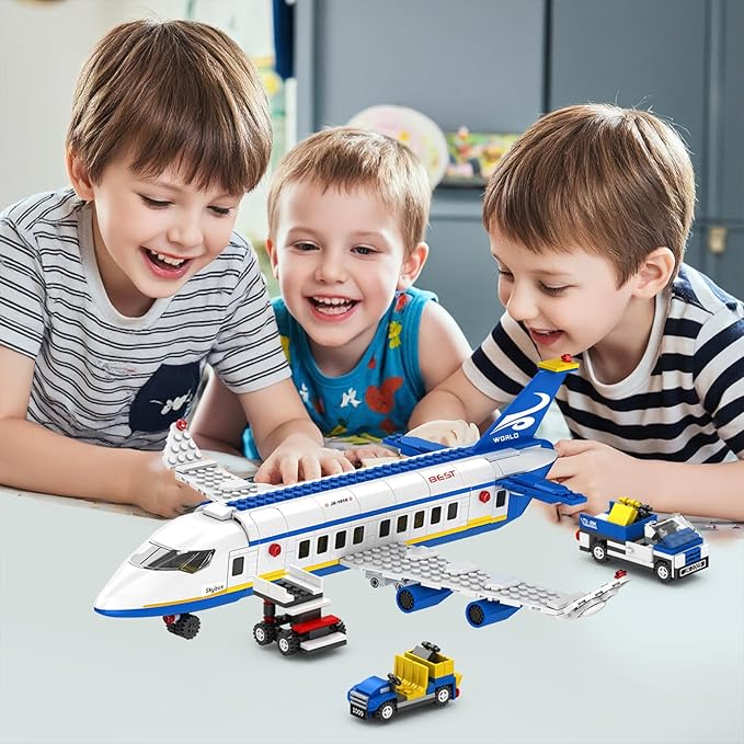 City Passenger Airplane Building Set,516 PCS STEM 6 in 1 Airport Passenger Plane Building Block Toy with Baggage Truck, Shuttle Bus, Christmas Birthday Gifts for Adults Boys Girls Age 6-12+