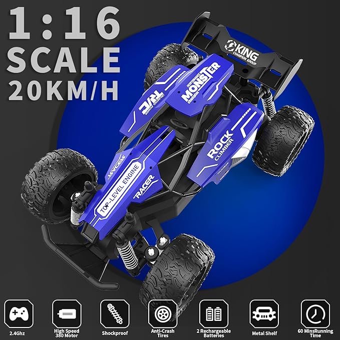 Carox 1:16 Scale RC Car for Kids, 2.4GHz High-Speed Electric Monster Truck, 20km/h, Dual 1000mAh Rechargeable Batteries, All-Terrain Tires, Shock Absorbing Suspension, Ideal Gift for Boys Aged 6-12