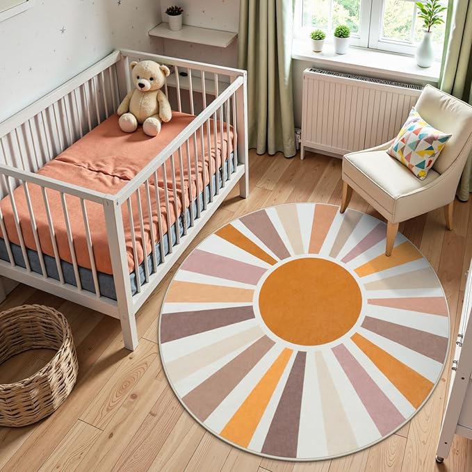 STARUIA Boho Sun Round Washable 6Ft Area Rug for Living Room, Soft Non-Slip Boho Rainbow Kids Nursery Orange Throw Rug Carpet for Bedroom, Circle Colorful Kitchen Rug for Classroom Office Dining Room