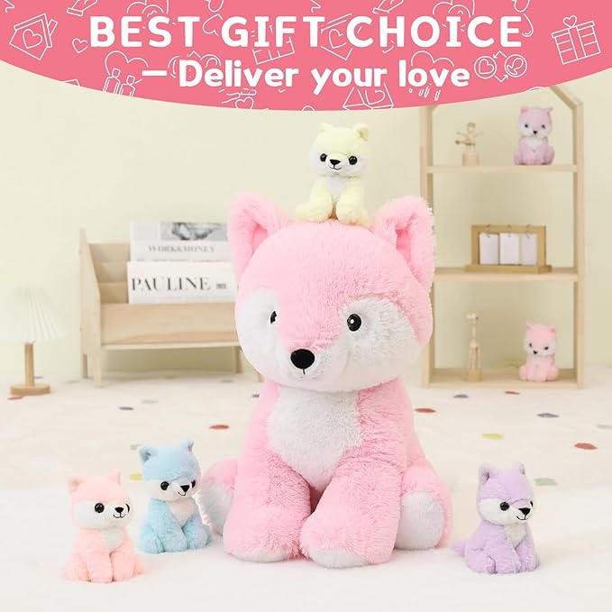MorisMos Fox Stuffed Animals with Baby Inside, Soft 19 Inch Stuffed Fox Plush Toys Mommy & Babies Set, Gift for Women, Girls, Kids on Mother's Day, Birthday, Christmas