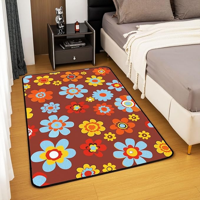 Erosebridal Groovy Flower Power Area Rug 5'x6'6'' Cute Boho Floral Rug 60S 70S Hippie Carpet for Kids Girls Teen Women Kawaii Colorful Vintage Bohemian Brown Non Slip Decorative Rug for Bedside