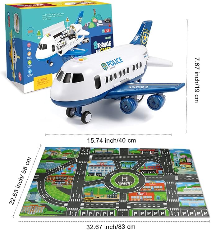 Dwi Dowellin Toddler Toys Car for Boys:Boy Toy Transport Cargo Airplane|Kid Toys 20 in 1 Carrier Vehicle Police Toys for Kids Age 2-4 3-5 4-7 Year Old Boys Girls