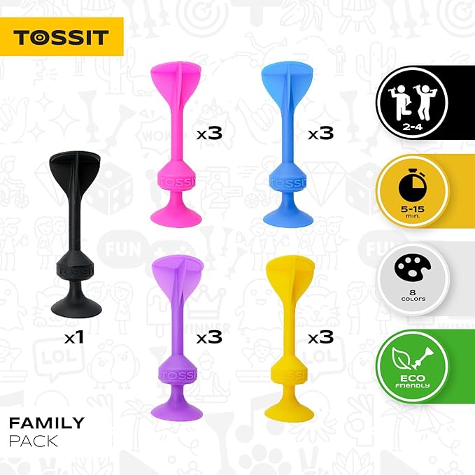 TOSSIT Game Suction Cup Darts, Toss Game Perfect Family and Party, Silicone Throwing Game for Backyard, Indoor and Outdoor Fun, Family Pack, Pink Purple Light Blue Yellow