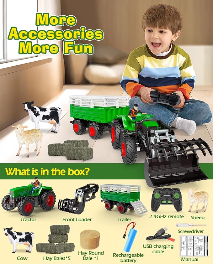 Remote Control Tractor Toys, RC Tractor Toys for Kids 3-5 & 5-7, Farm Animal Toys Set with Front Loader and Light, Farm Vehicle Toy Tractor Toy, Tractors for Kids Ages 4-8 Boys Girls Gift…