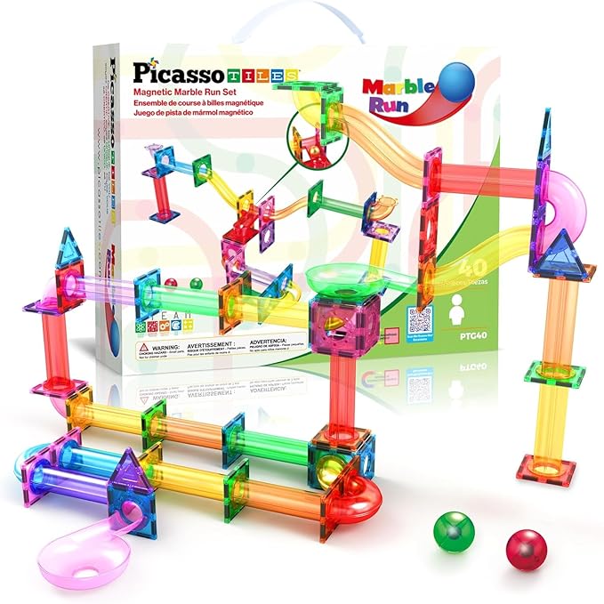 PicassoTiles Marble Run Magnetic Tile Race Track Toy Play Set STEM Building & Learning Early Educational Child Magnet Construction Block Creative Kit Boys & Girls Age 3+ Years Old Toys PTG40