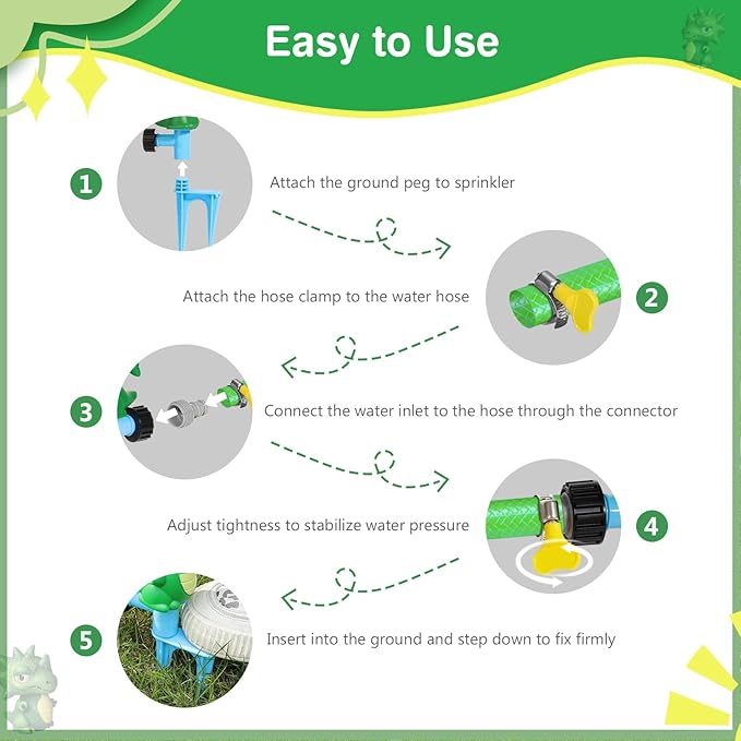 MoKo Water Sprinkler for Kids, Dinosaur Toddler Outdoor Toys with 4 Wiggle Tubes and Hose Clamp, Outdoor Play Toys Spray Up to 8ft, Summer Water Toys Sprinklers for Yard Lawn Garden, 4 Pack, 4 Colors