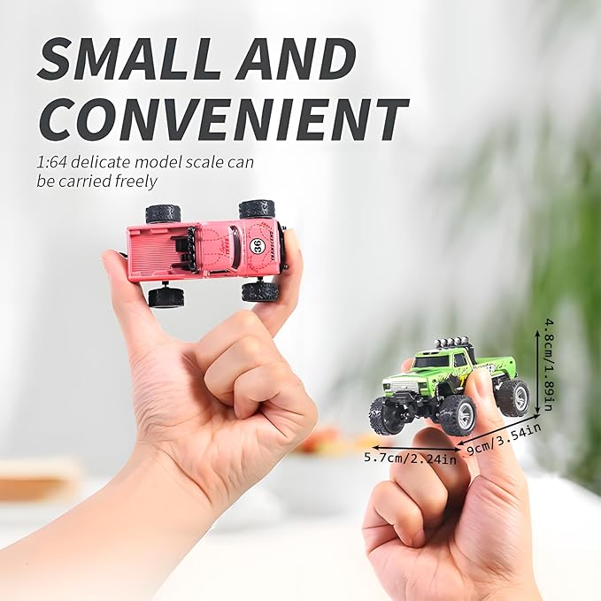 Mini Rc Truck,1:64 Scale Monster Truck Remote Control Car with Lights, 2.4Ghz Remote Control, Mini Alloy Monster Truck Rc, Speed/Steering Adjustable (Blue-A)