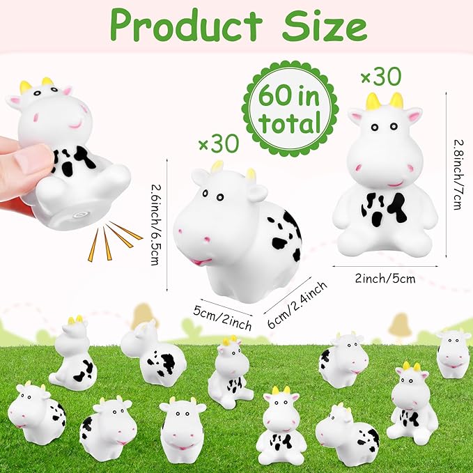 60 Pcs Cow Rubber Bath Toy Mini Rubber Cows Bulk Squeak Floating Water Cow Baby Bath Toy Fun Water Squirting Bathtime Play Farm Animal Bath Toys for Kids Baby Shower Swimming Pool Decor