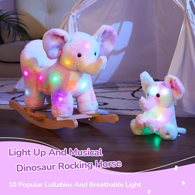Glow Guards Musical Elephant Baby Rocking Horse Set with Rainbow Plush Toy, Wooden Chair for Toddlers Girls & Babies Age 1-3