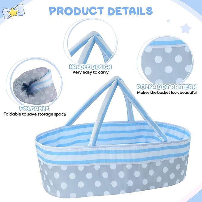 JIZHI 8 Pcs Reborn Baby Doll Clothes Set with Bassinet for 17-22 Inch Babydolls, Realistic Baby Boy Dolls Clothes fit Lifelike Reborn Baby Doll Accessories, Blue (Not Doll)