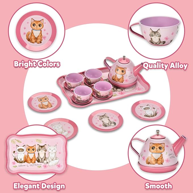 Cat Tea Party Set for Little Girls - Pretend Play Toy, Birthday Gift for Toddlers Ages 3 4 5 6 Year Old, Includes Kitten Tin Tea Set, Desserts, and Carrying Case, Cat Design