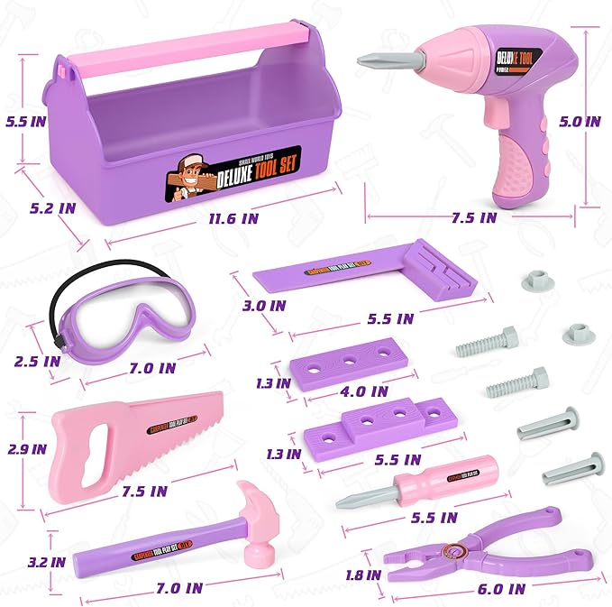 Kids Tool Set - Tool Box & Electronic Toy Drill, Pretend Play Kids Construction Tool Kit,18 Pcs Toddler Tool Set Birthday, for Boys, and Girls Ages 3 4 5 6 7 Year Old(Purple)