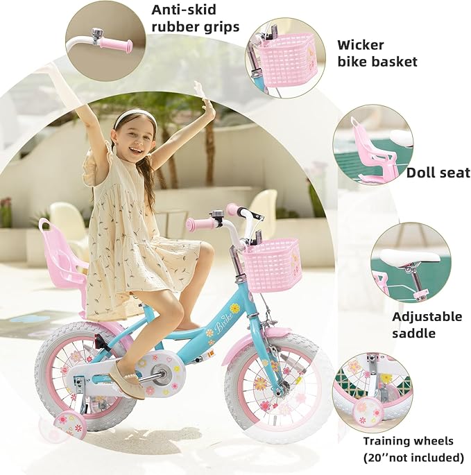 Girls Bike with Basket for Toddlers and Kids Aged 3-14 Years Old, 14 16 18 Inch with Training Wheels & Doll Seat, 20 Inch with Kickstand & Rear Rack, Princess Style Bicycle for Gift
