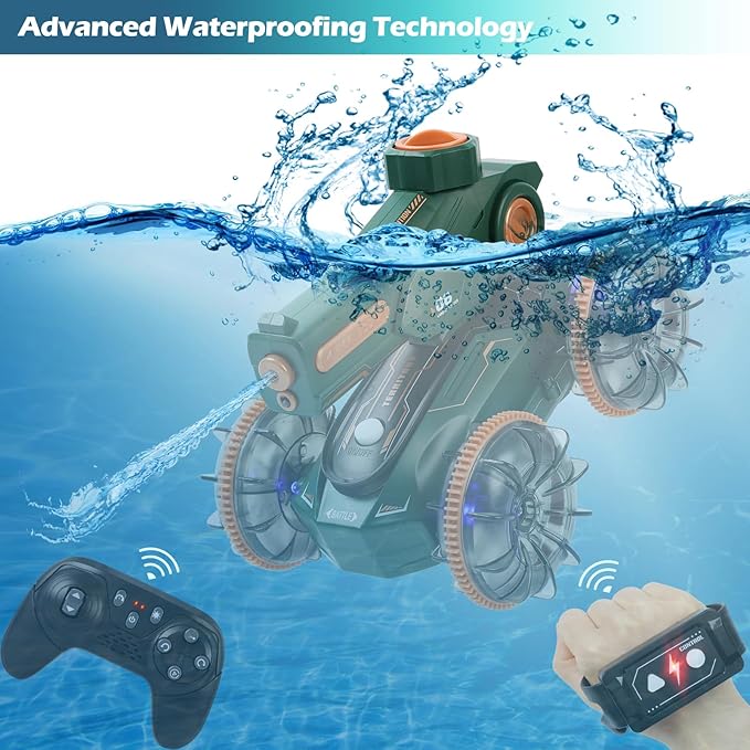 Toys for Kids 6-12 Remote Control Car Boat Gifts for Boys 5-7 8 9 10 11 Year Old Amphibious RC Gesture Stunt Water Squirt Tank with Lights & Self-Dispensing Cool Outdoor Summer Beach Pool Toy