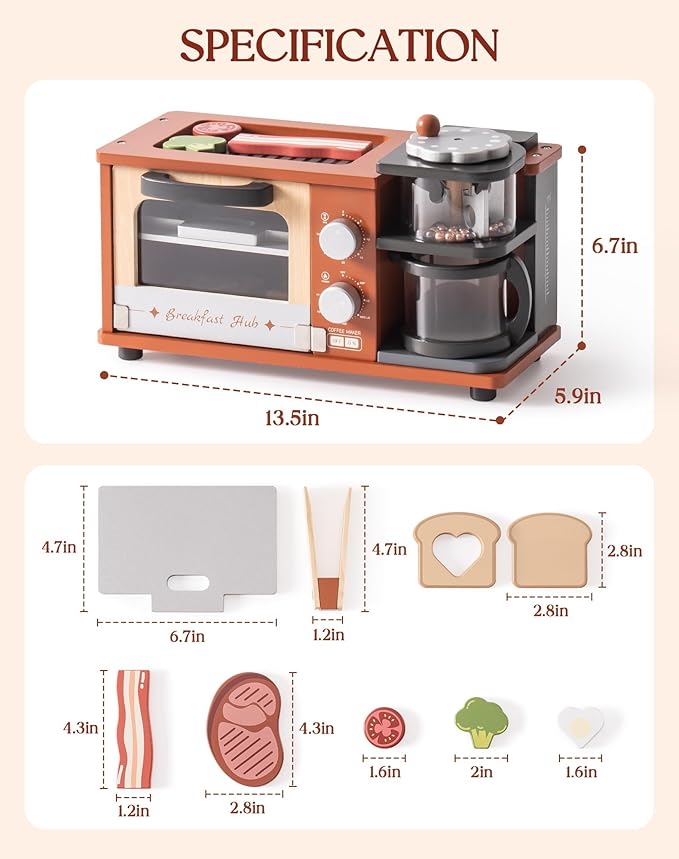 ROBOTIME Play Kitchen Toys Accessories - Wooden Breakfast Machine Kitchen Toy for Kids with Coffee Maker and Pretend Play Food Sets - Kitchen Playset Appliances Toy for Toddlers (Caramel)