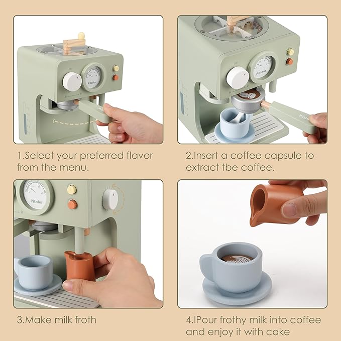 Kids Wooden Coffee Maker Toy with Grinder, Pretend Play Kitchen Appliances & Accessories Toy Gift for Kids Toddlers Boys Girls