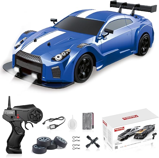 YUZ Remote Control Car RC Drift Car 1/16 Scale 4WD 18KM/H High Speed RC Car 2.4GHz with LED Lights Spray Racing Toy Car for Adults Boys Girls Kids Birthday 2Pcs Rechargeable Batteries, Blue