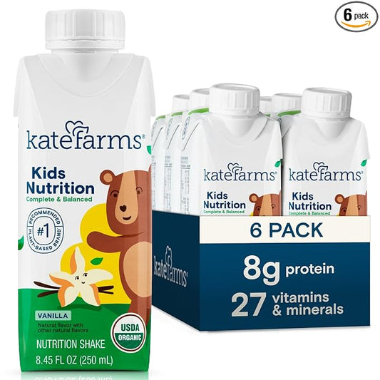 KATE FARMS Organic Kids Nutrition Vanilla Shake, 8g Protein, 27 Vitamins and Minerals, Meal Replacement, Gluten Free, Non-GMO, 8.45 oz (6 Pack)