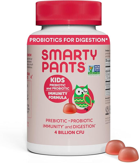 SmartyPants Kids Probiotic & Prebiotic Gummies for Digestive Health: 6 Billion CFU Gut Health Supplement, Clinically Studied Prebiotic for Immune Support, Strawberry, 60 Count (30 Day Supply)