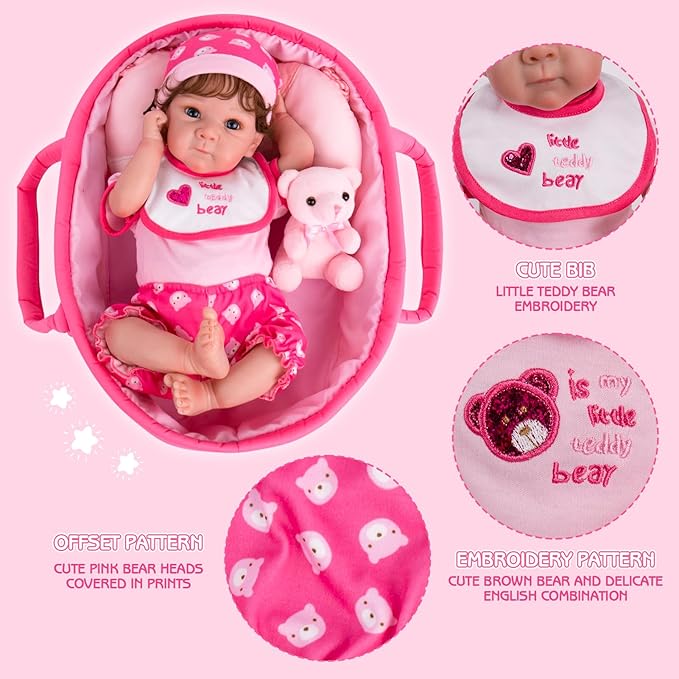 Aori 10 Pcs Reborn Baby Dolls Clothes Set with Pink Bassinet for 16-18 Inch Baby Doll, Carrier Bed and Baby Doll Clothes Outfit Accessories fit Newborn Baby Girl