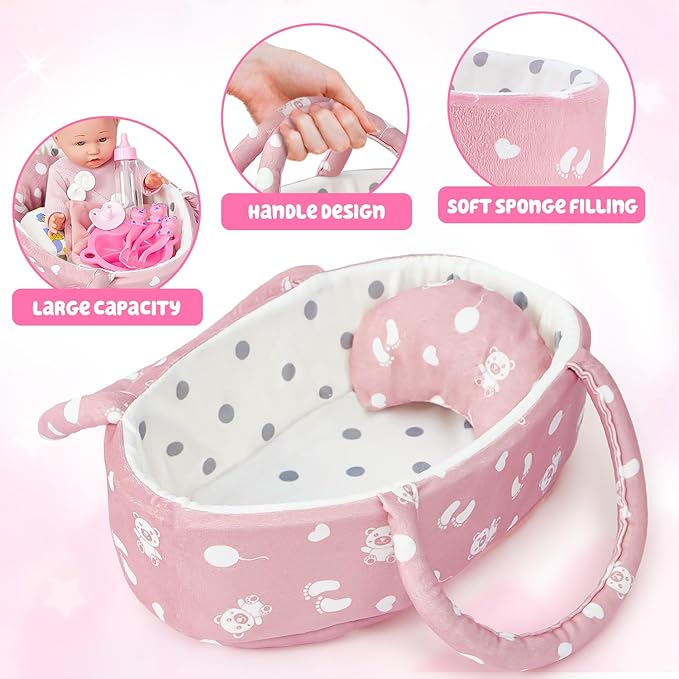 Golray 12" Soft Baby Doll Set with Accessories Bassinet Carrier, 13 Pcs First Toddlers Realistic Baby Doll Crib with Pillow/ Clothes/ Feeding Kit, Pretend Play Toy Birthday Gift for Girls Ages 3 4 5 6