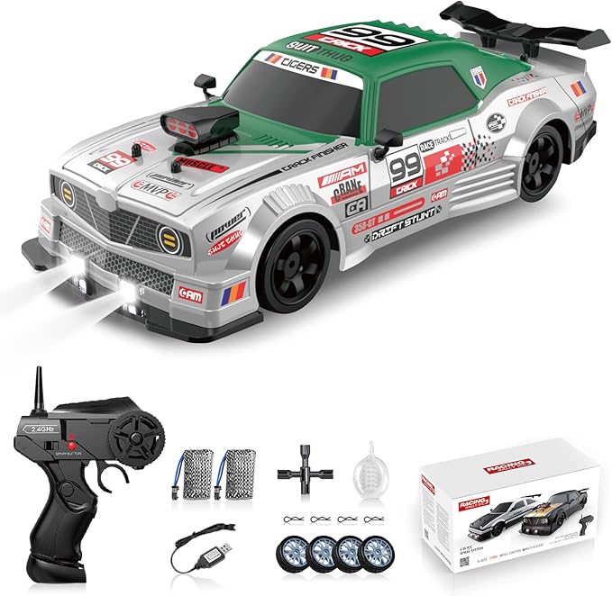 RC Drift Car 2.4GHz 1:16 Scale 4WD High Speed Remote Control Cars Vehicle with LED Lights Two Batteries and Drifting Tires Racing Sport Toy Cars for Adults Boys Girls Kids